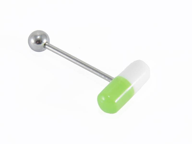 Tungpiercing med grönt/vitt piller