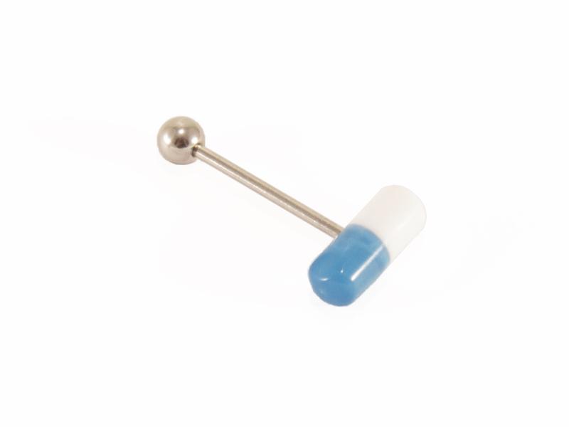 Tungpiercing med blå/vitt piller