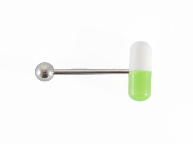 Tungpiercing med grönt/vitt piller